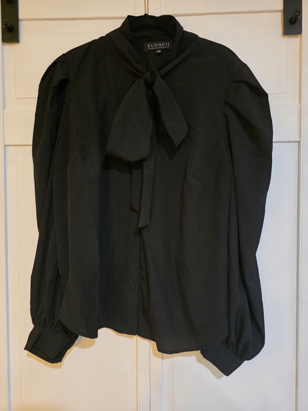 Eloquii Black Tie-Neck Puff Sleeve Blouse